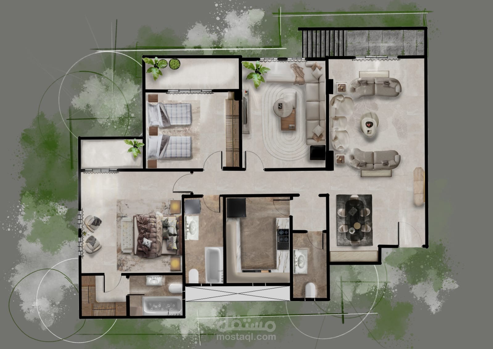 تصميم داخلي وإظهار معماري لشقة سكنية متكاملة | AutoCAD & Photoshop