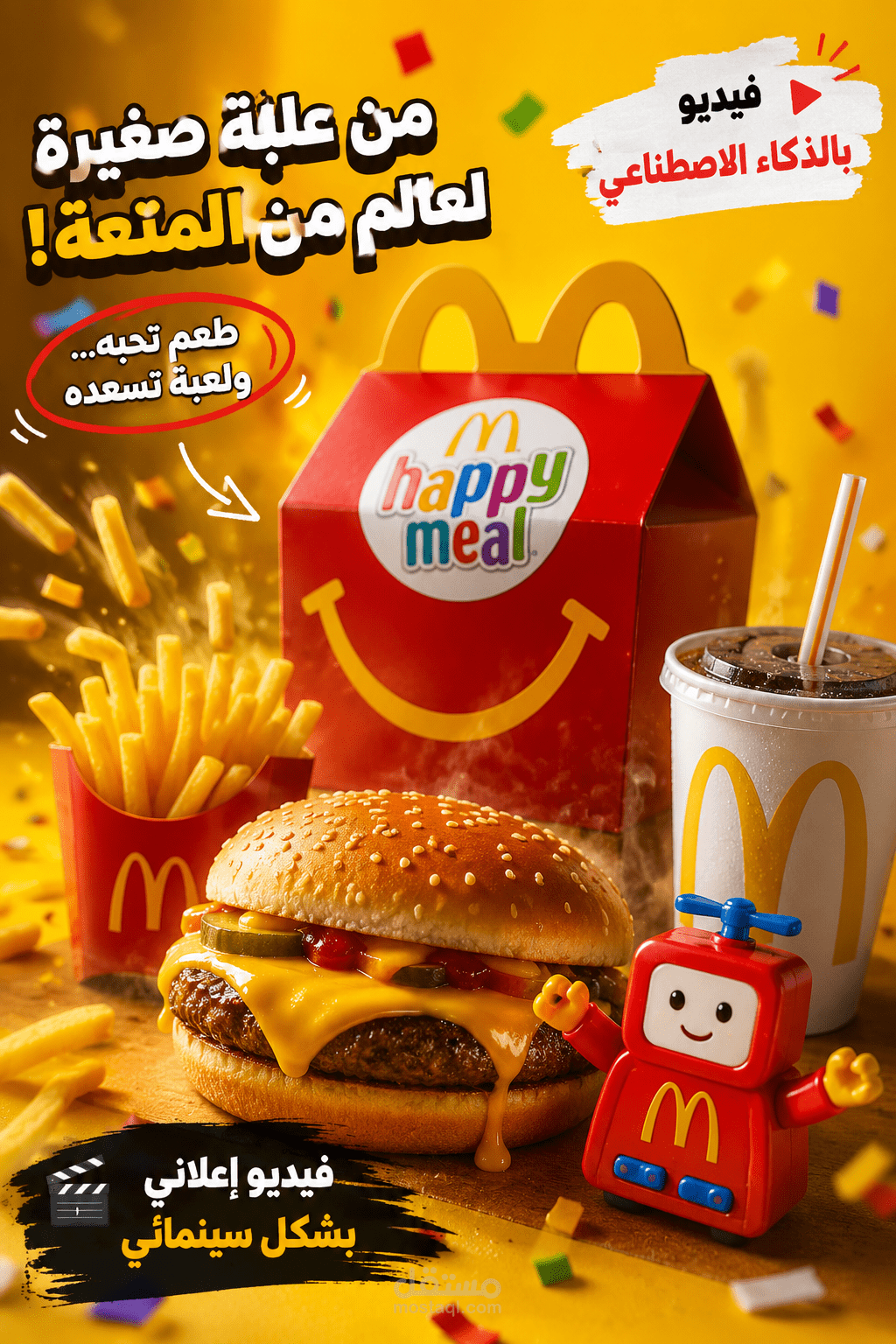 إعلان تجريبي لوجبة Happy Meal بأسلوب إعلانات المطاعم العالمية الحديثة.