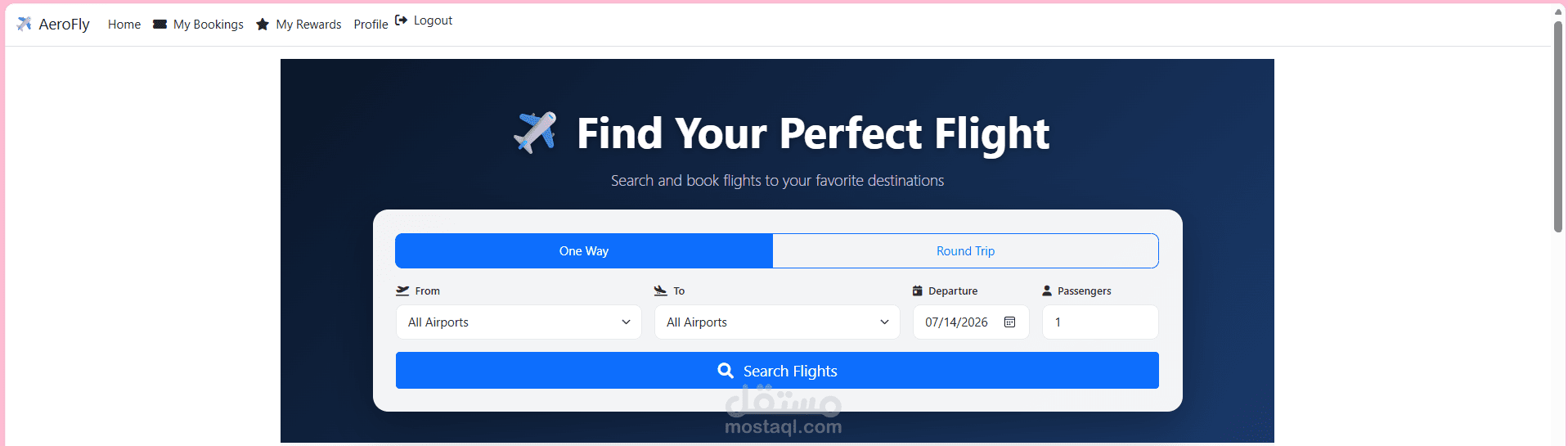 AeroFly - نظام حجز الطيران للمستخدمين (Website)
