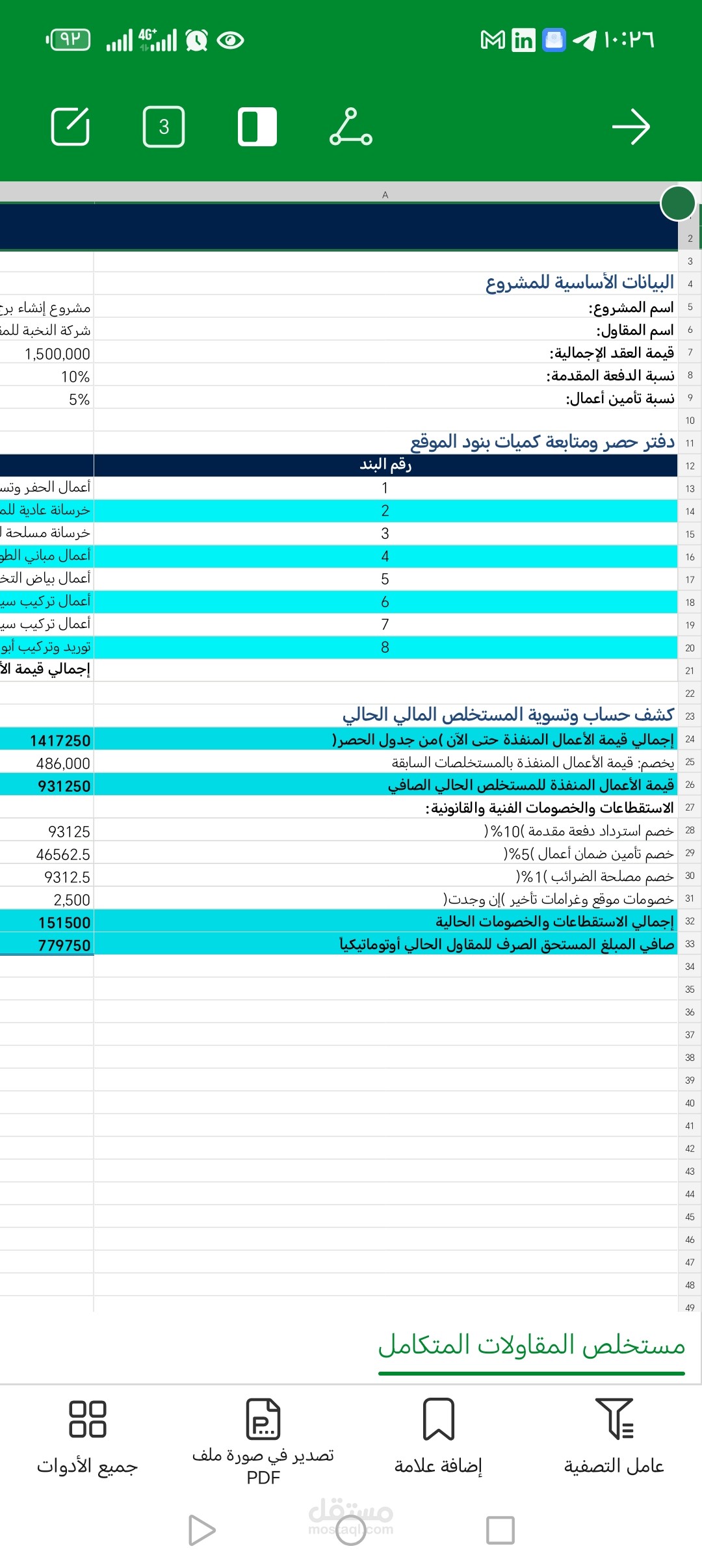 لوحة تحكم وإدارة حسابات مقاولي الباطن والتدفقات النقدية للموقع
