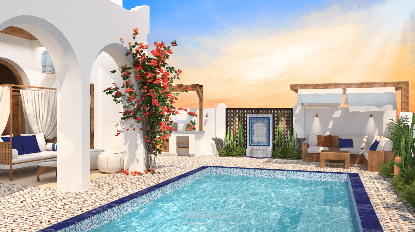 تصميم مساحة خارجية لفيلا مستوحاة من الطراز المغربي