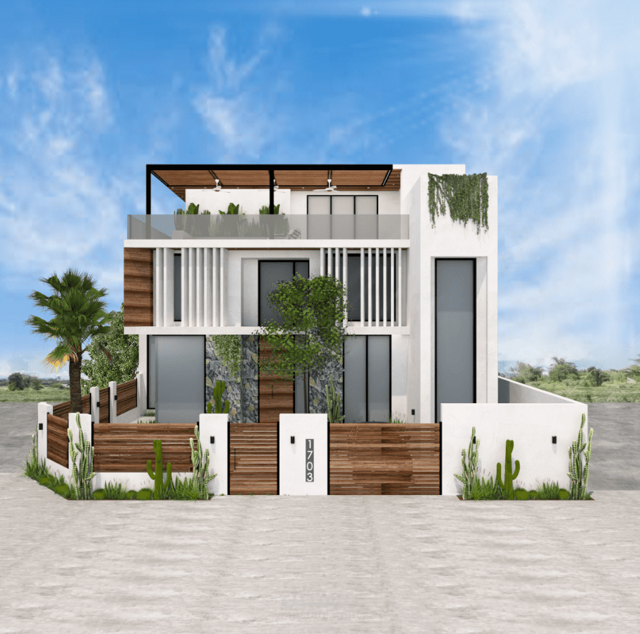 تصميم خارجي يجمع بين الحداثة والبساطة وانسجام العناصر الطبيعية.