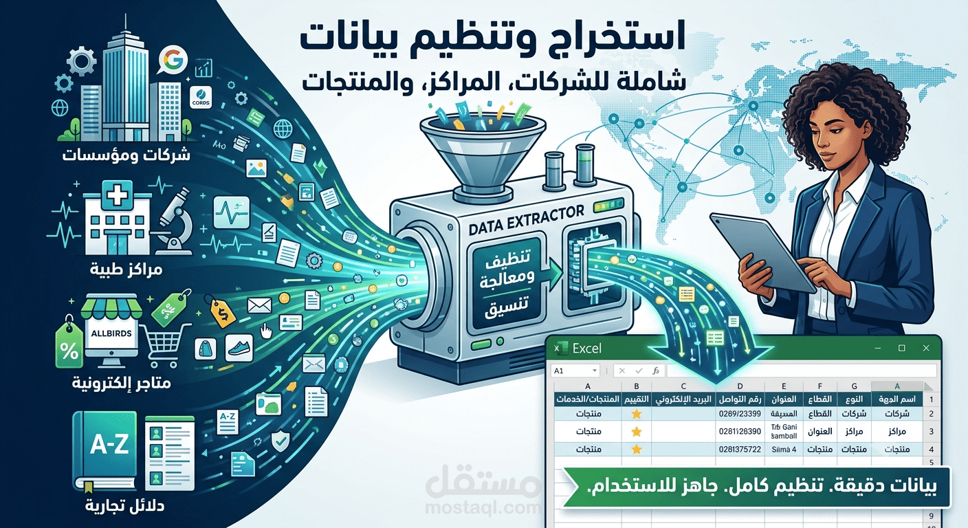ستخراج وتجميع بيانات تفصيلية شركات ,  مراكز طبية  وتنسيقها في ملف Excel