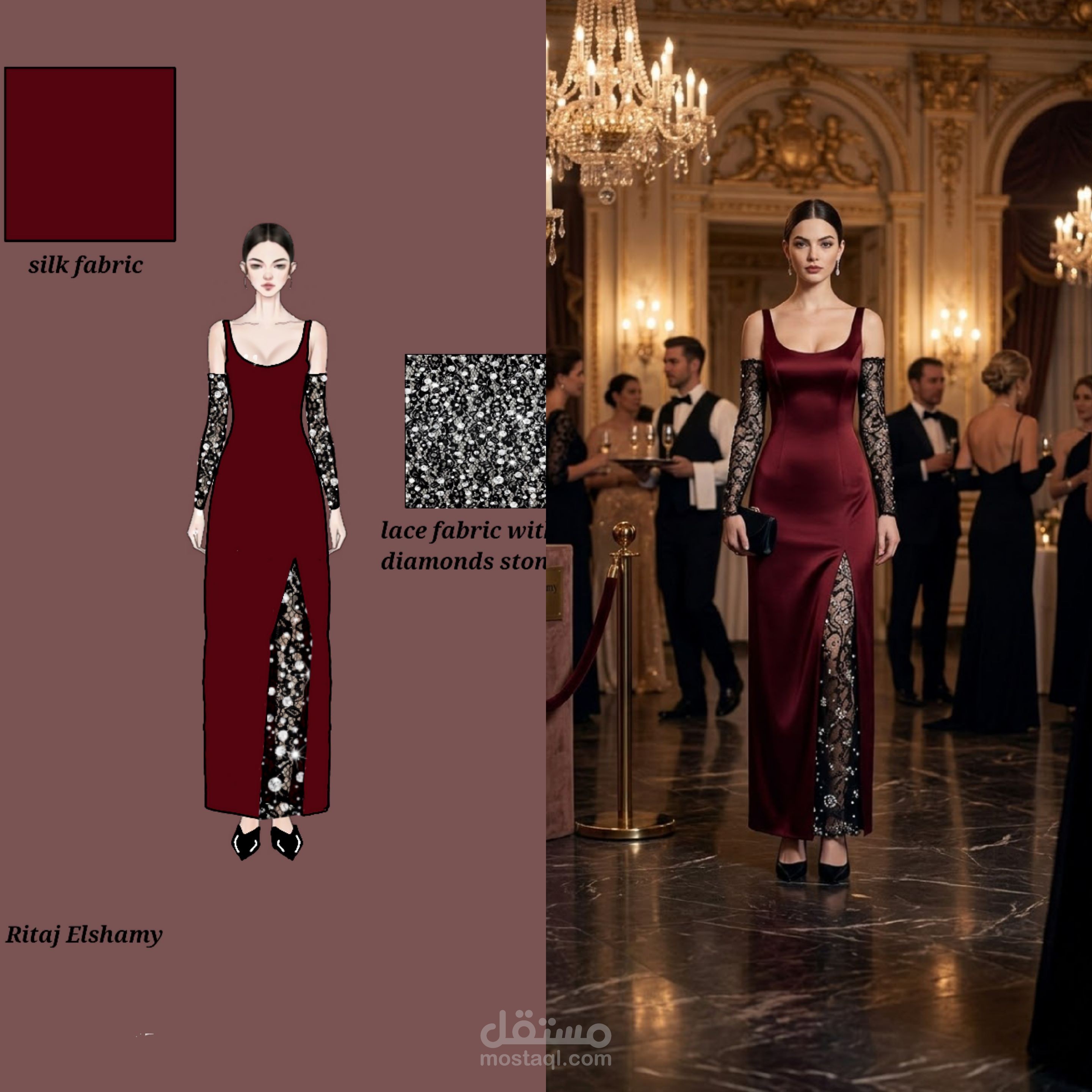 تصميم فستان سهرة عنابي فاخر