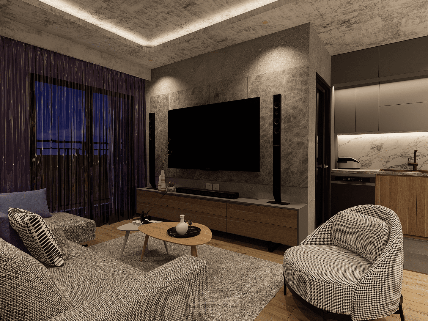 تصميم داخلي لشقة سكنية مودرن بمساحة 80 متر مربع بألوان هادئة واستغلال ذكي للمساحات.