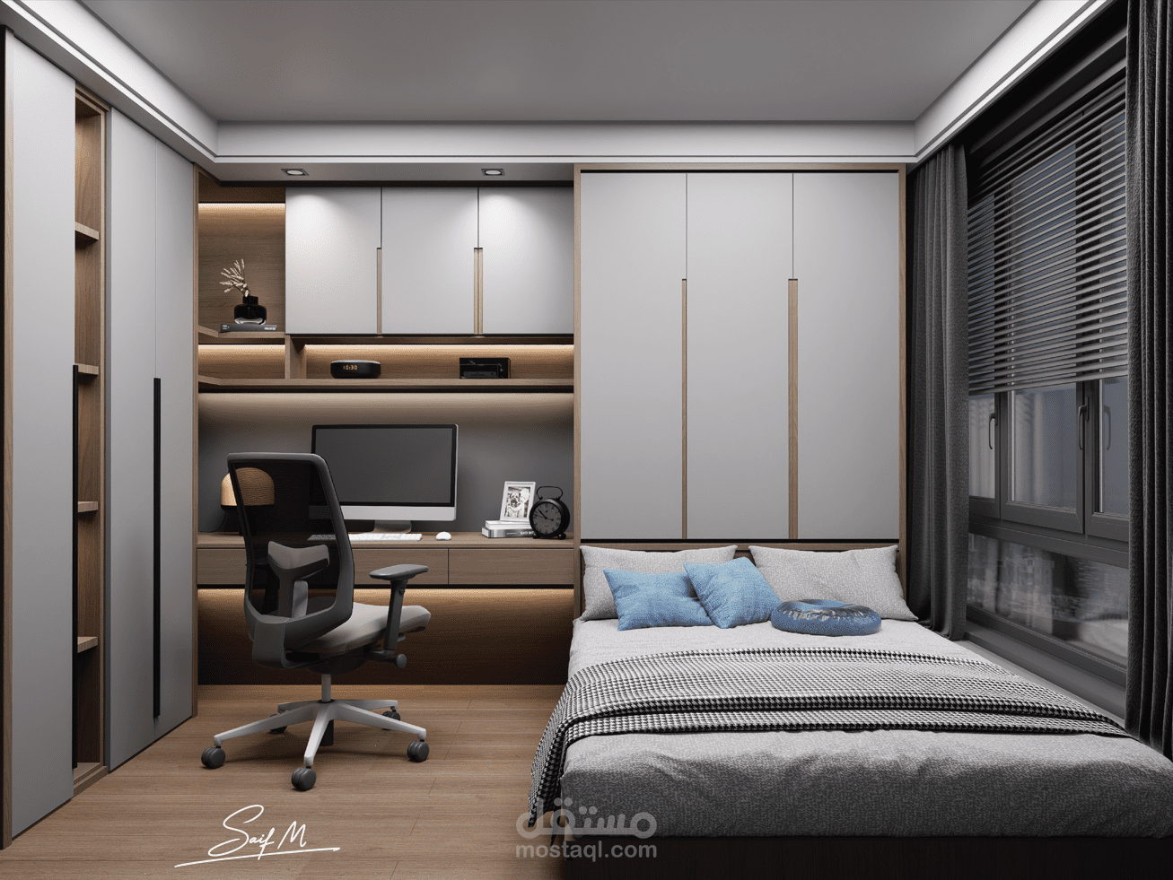 تصميم ذكي لغرفة نوم شبابية مودرن (3.90×3 م) مع استغلال مثالي للمساحات