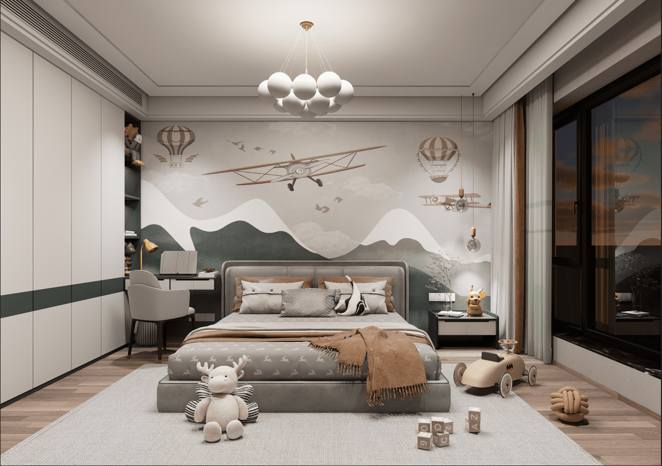 تصميم داخلي لغرفة أطفال بطابع الطيران