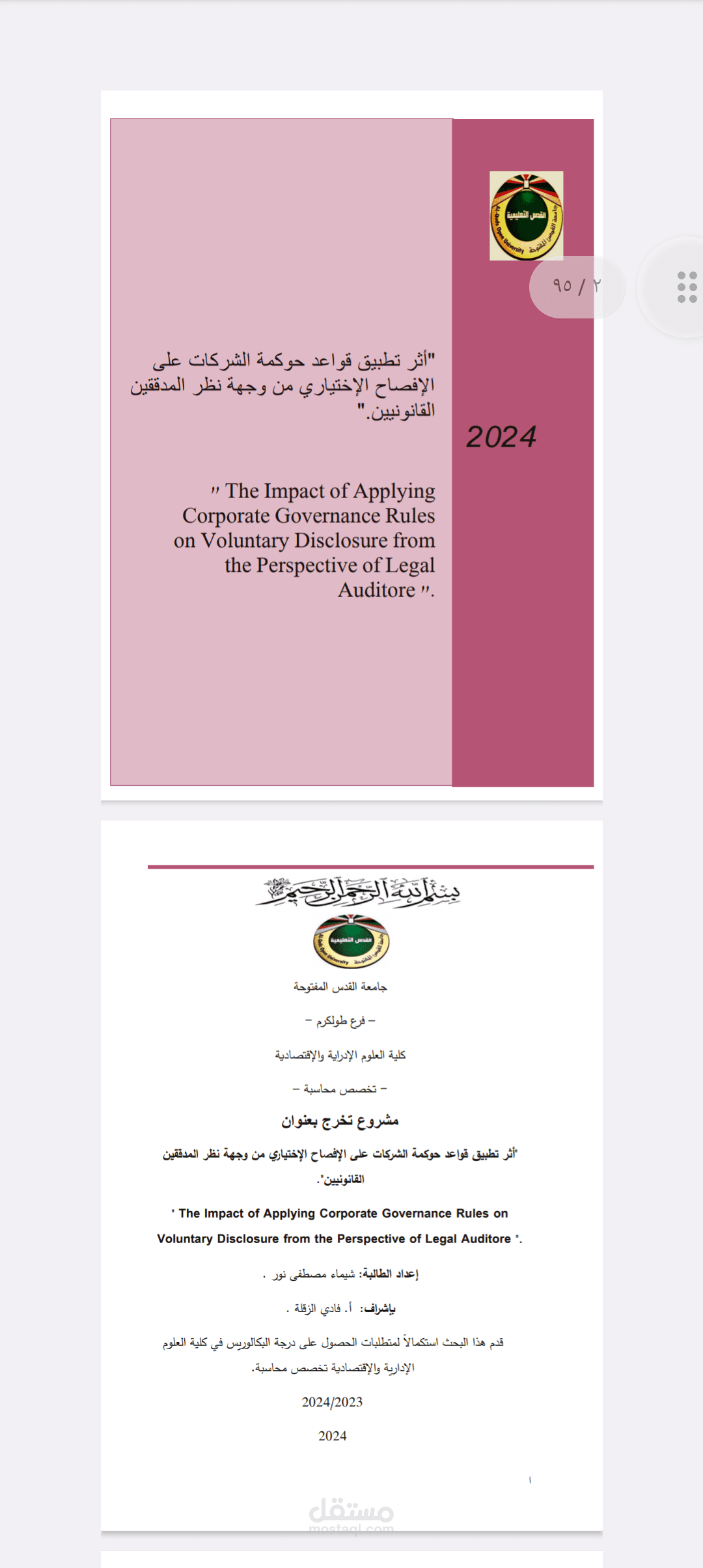 مشروعي التخرج بعنوان أثر تطبيق قواعد حوكمة الشركات على الافصاح الطوعي من وجهة نظر المدققين القانونيين