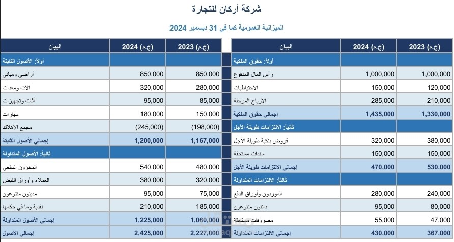 ميزانية عمومية لشركة تجارية