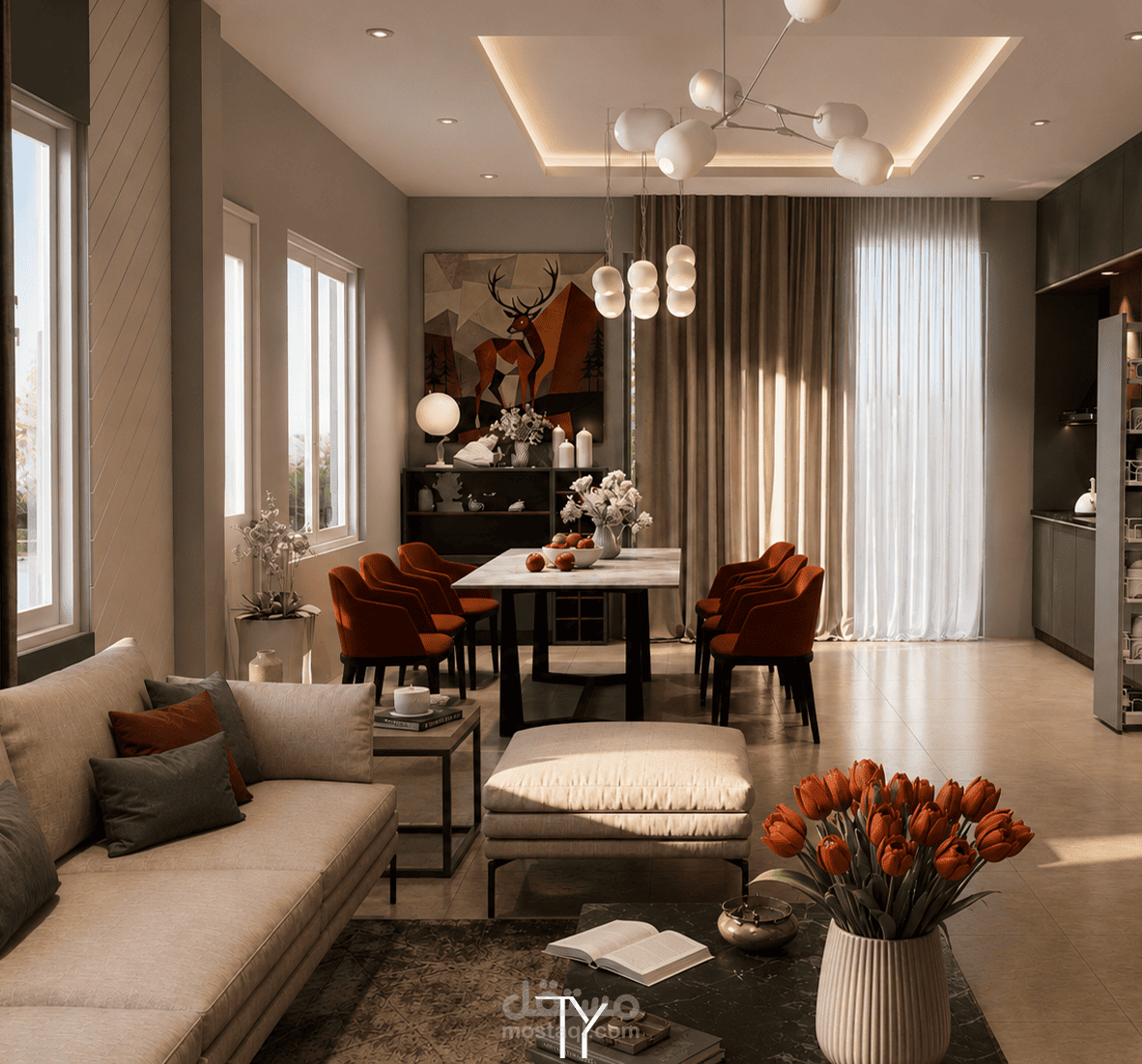 Warm Modern Interior | Kitchen, Dining & Living