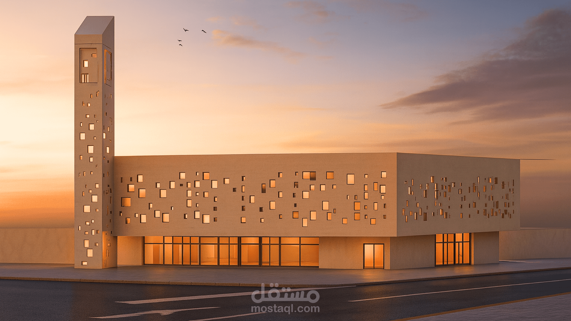 تصميم معماري لمسجد مع نمذجة ثلاثية الأبعاد وإخراج واقعي