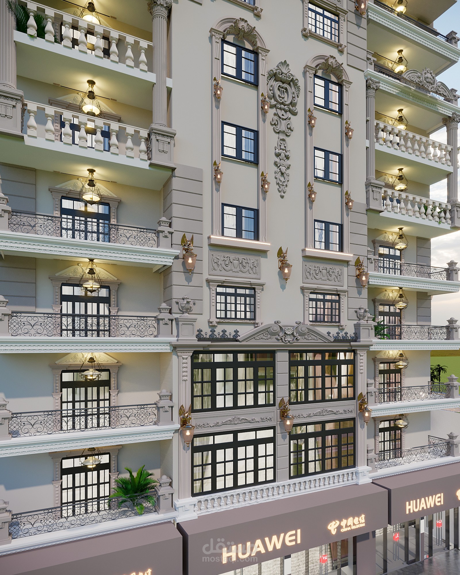 تصميم معماري وإخراج بصري لواجهة برج سكني إداري تجاري بأسلوب كلاسيكي فاخر