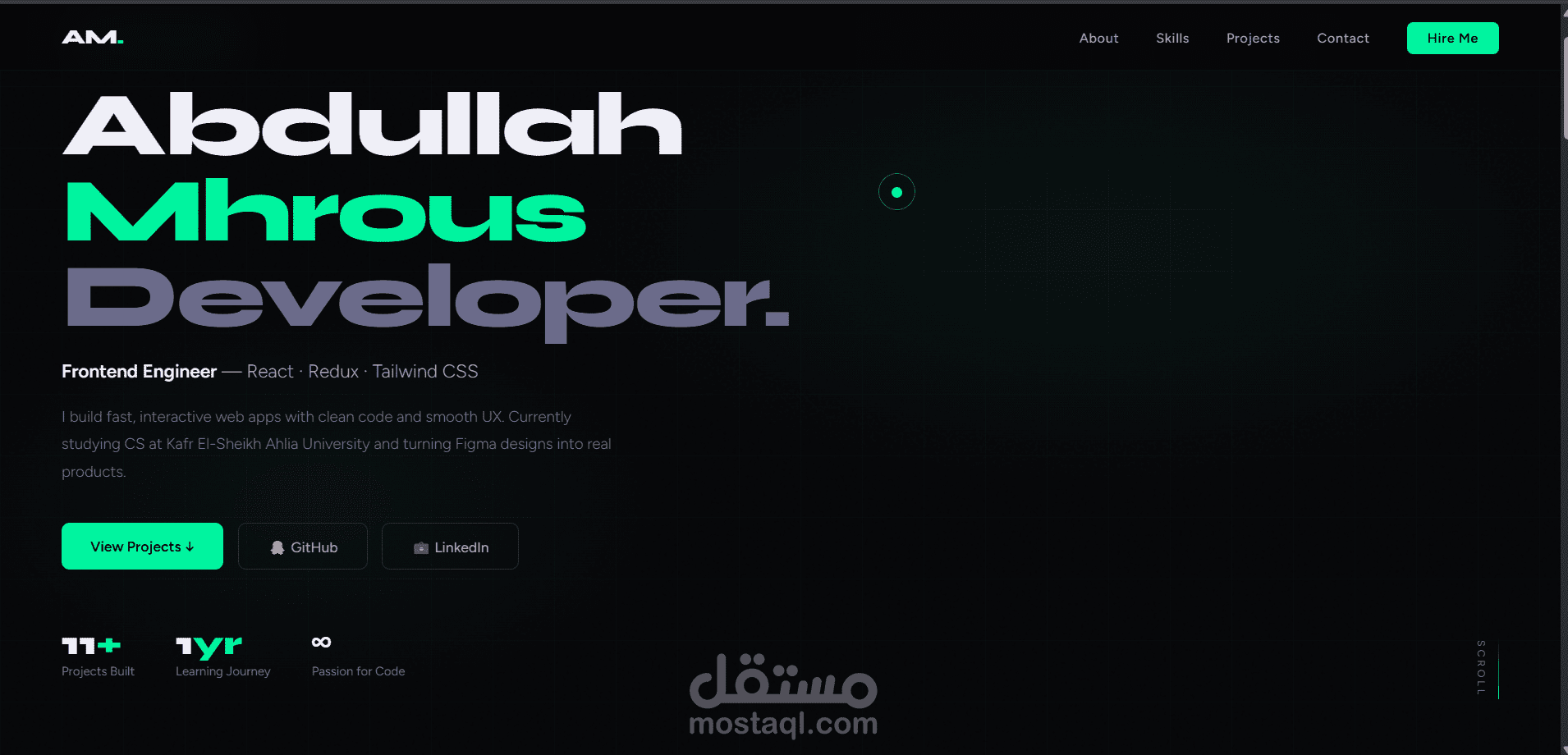 قمت بتصميم وتطوير موقع Portfolio شخصي احترافي من الصفر بهدف عرض المهارات والمشاريع بأسلوب حديث يركز على تجربة المستخدم والأداء.