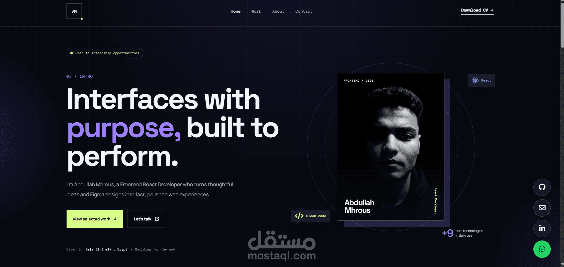 قمت بتصميم وتطوير موقع Portfolio شخصي احترافي من الصفر بهدف عرض المهارات والمشاريع بأسلوب حديث يركز على تجربة المستخدم والأداء.