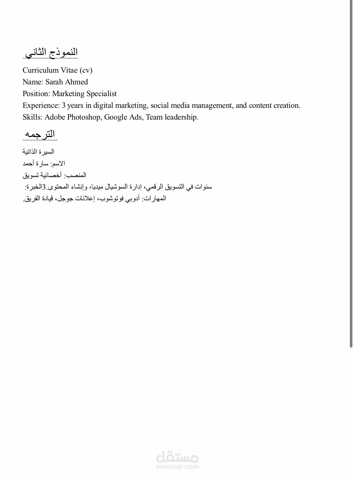 نموذج ٢ ترجمة سيره ذاتيه cv من الانجليزيه الي العربيه