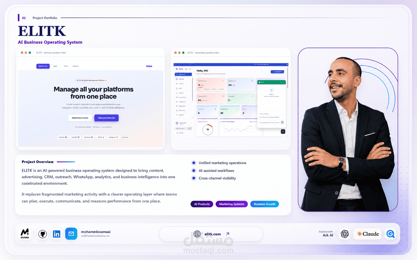 ELITK — منصة ذكاء اصطناعي لإدارة السوشيال ميديا والإعلانات والنمو ELITK — AI Operating System for Social Media, Ads & Business Growth