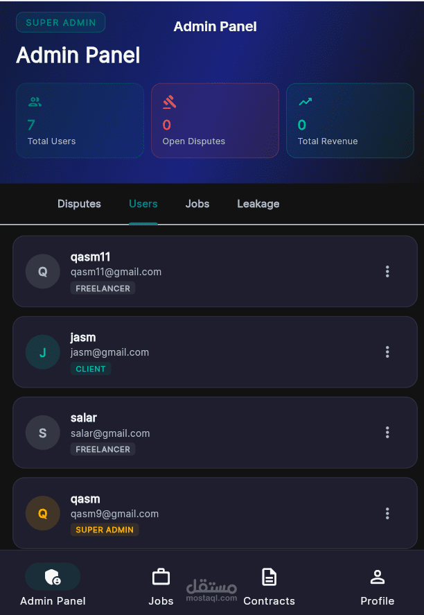 تطوير لوحة تحكم ذكية لإدارة منصة عمل حر (Admin Panel)