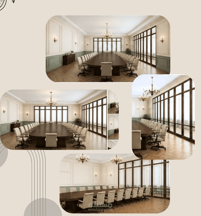 تصميم داخلي متكامل لقاعة اجتماعات فاخرة بالطراز الإنجليزي الكلاسيكي