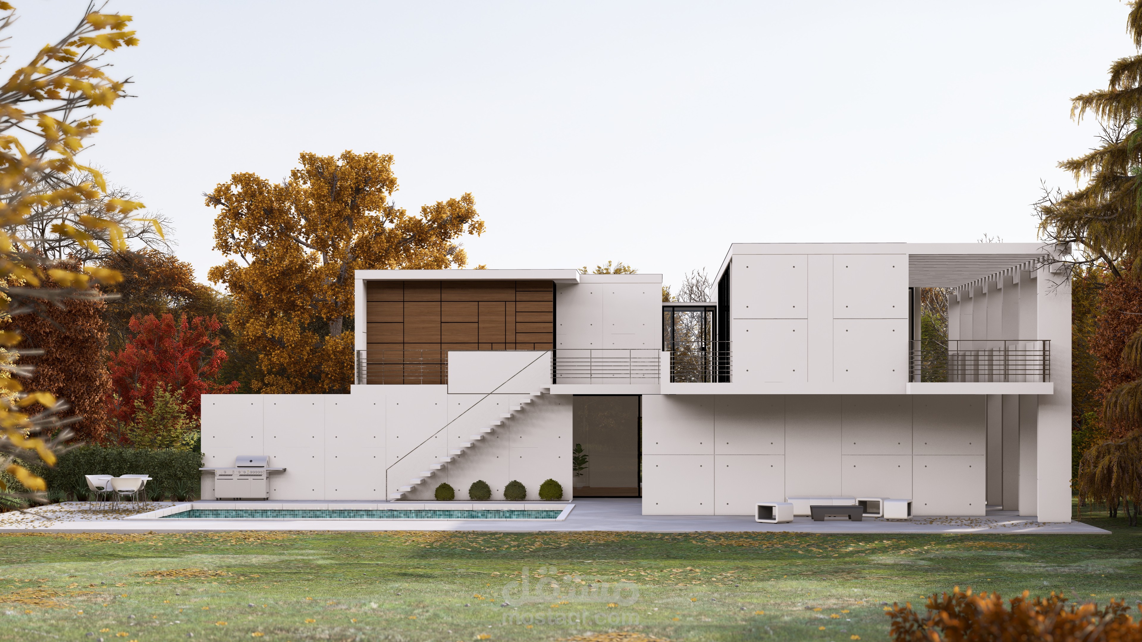 تصميم بيت زجاجي معاصر ومتكامل مع تنسيق الموقع والمسبح