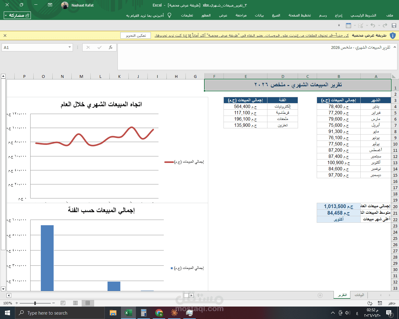 تقرير مبيعات شهري تفاعلي برسوم بيانية - إكسيل