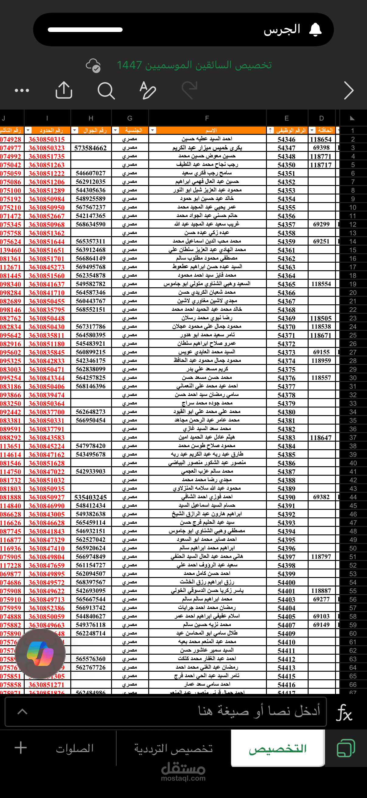 جدول بيانات للموظفين