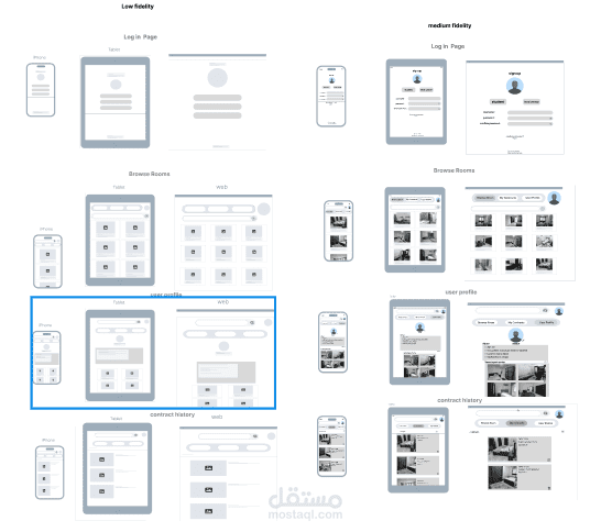 تصميم واجهات متجاوبة لمنصة حجز سكن وغرف (Wireframes)