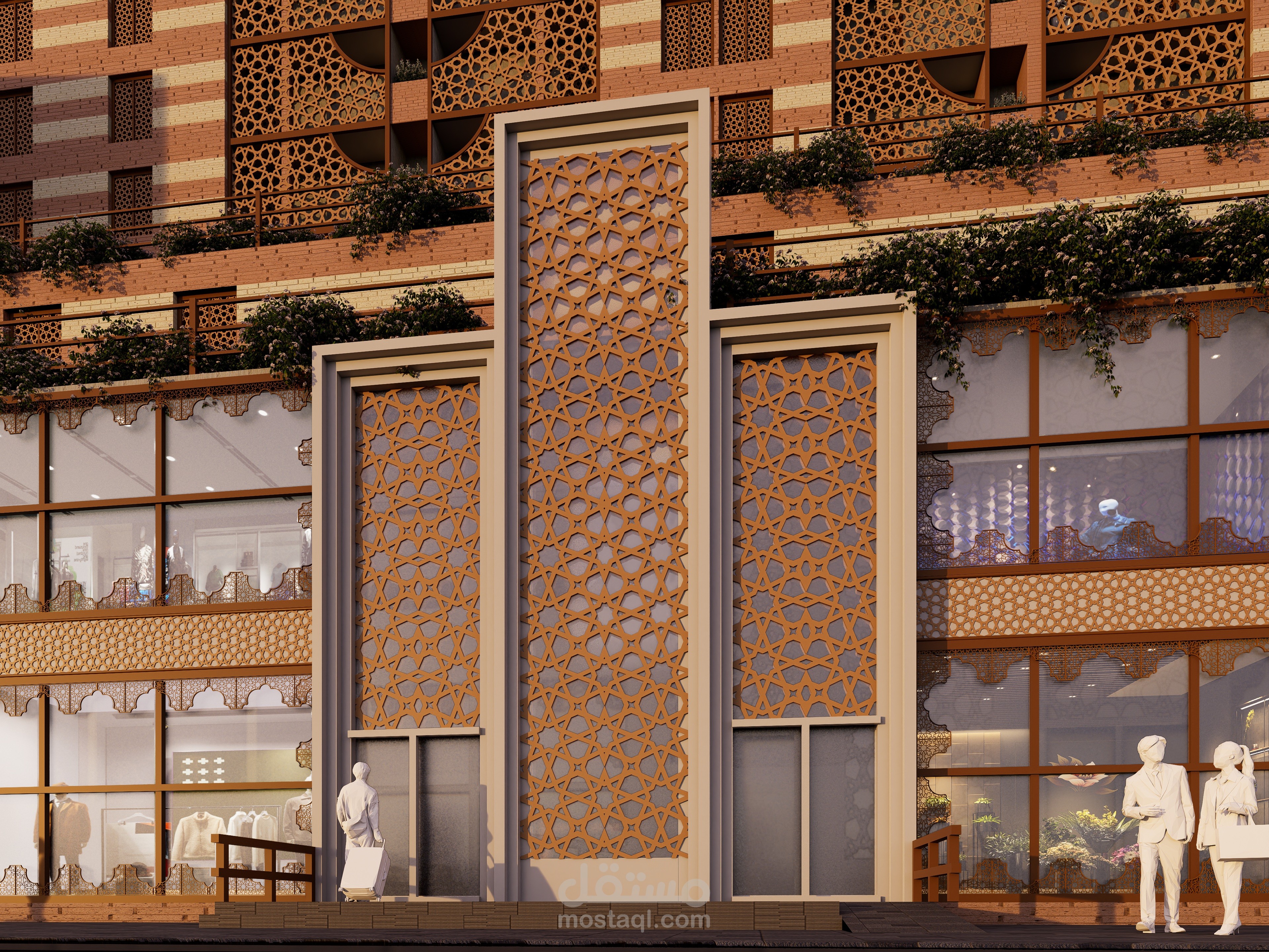 تصميم وإظهار معماري لمجمع "نُقطة" متعدد الاستخدامات بالطراز الإسلامي الحديث (Neo-Islamic)