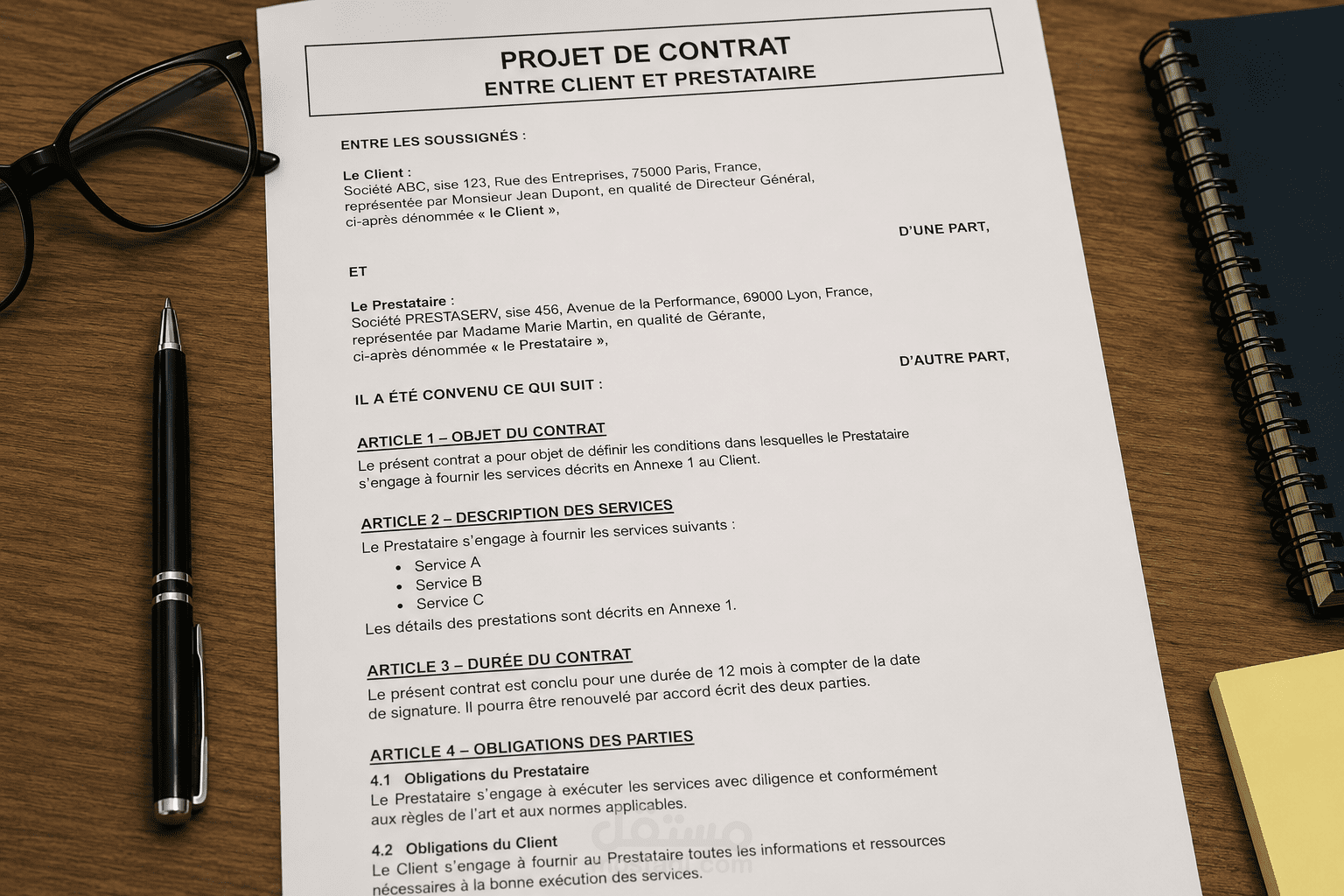 projet contrat entre client et prestataire
