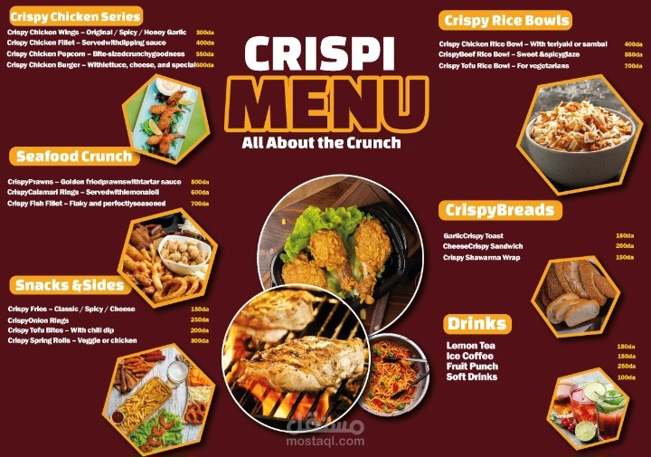تصميم قائمة طعام (Menu) احترافية لمطعم وجبات سريعة تصميم منيو مطعم مأكولات مقرمشة (Crispy Menu) بهوية بصرية مميزة تصميم منيو مزدوج وعصري لمطعم وجبات سريعة ومشروبات