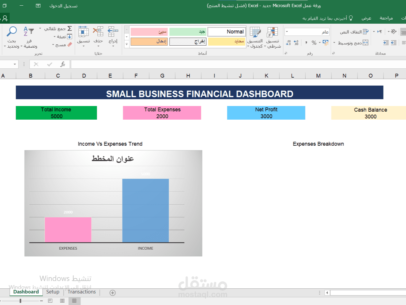 لوحة تحكم مالية Excel - Dashboard للمشاريع الصغيرة