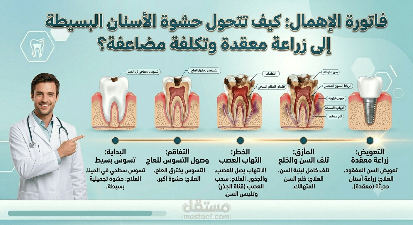 فاتورة الإهمال: كيف تتحول حشوة الأسنان البسيطة إلى زراعة معقدة وتكلفة مضاعفة؟