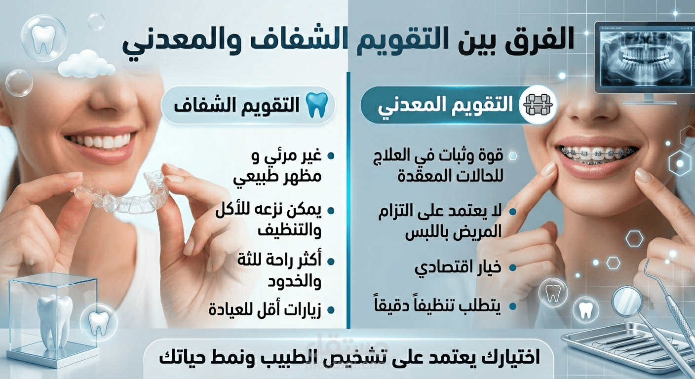 نموذج محتوى طبي تسويقي: مقارنة بين تقويم الاسنان الشفاف والمعدني