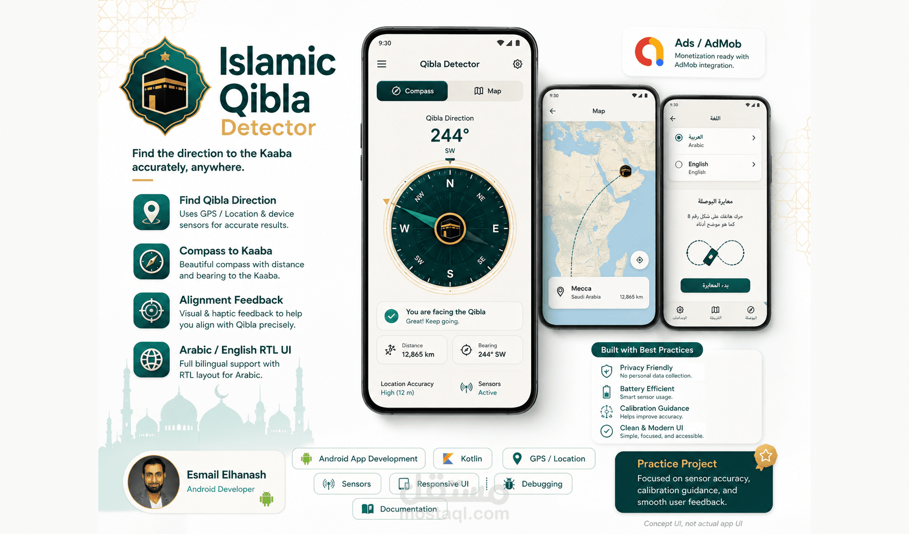 تطبيق تحديد اتجاه القبلة لأندرويد: بوصلة تعمل على حسّاسات الجهاز، من أوائل أعمالي المنشورة