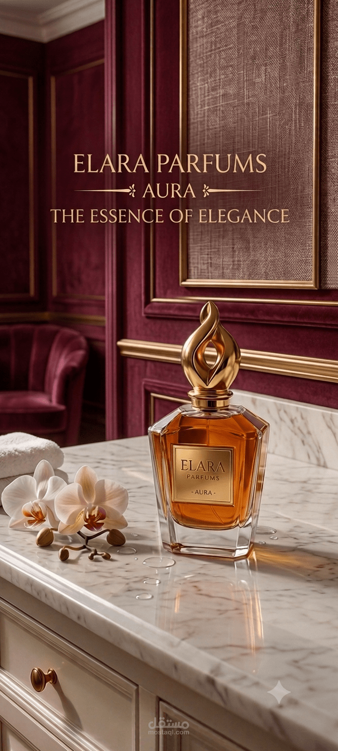 تصميم بوستر إعلاني فاخر لعطر إيلارا بالذكاء الاصطناعي (Elara Parfums)