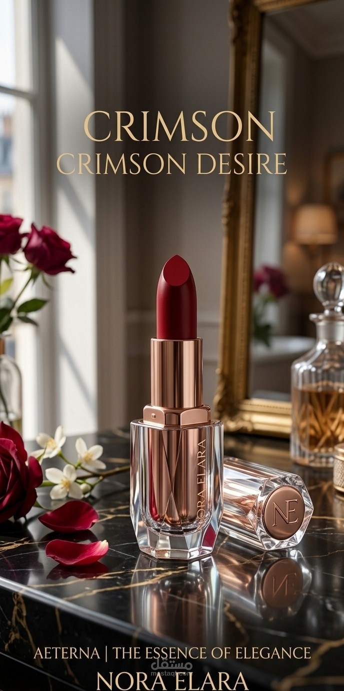 تصميم هوية بصرية وبوستر تجاري لمنتج تجميل (Nora Elara Lipstick)