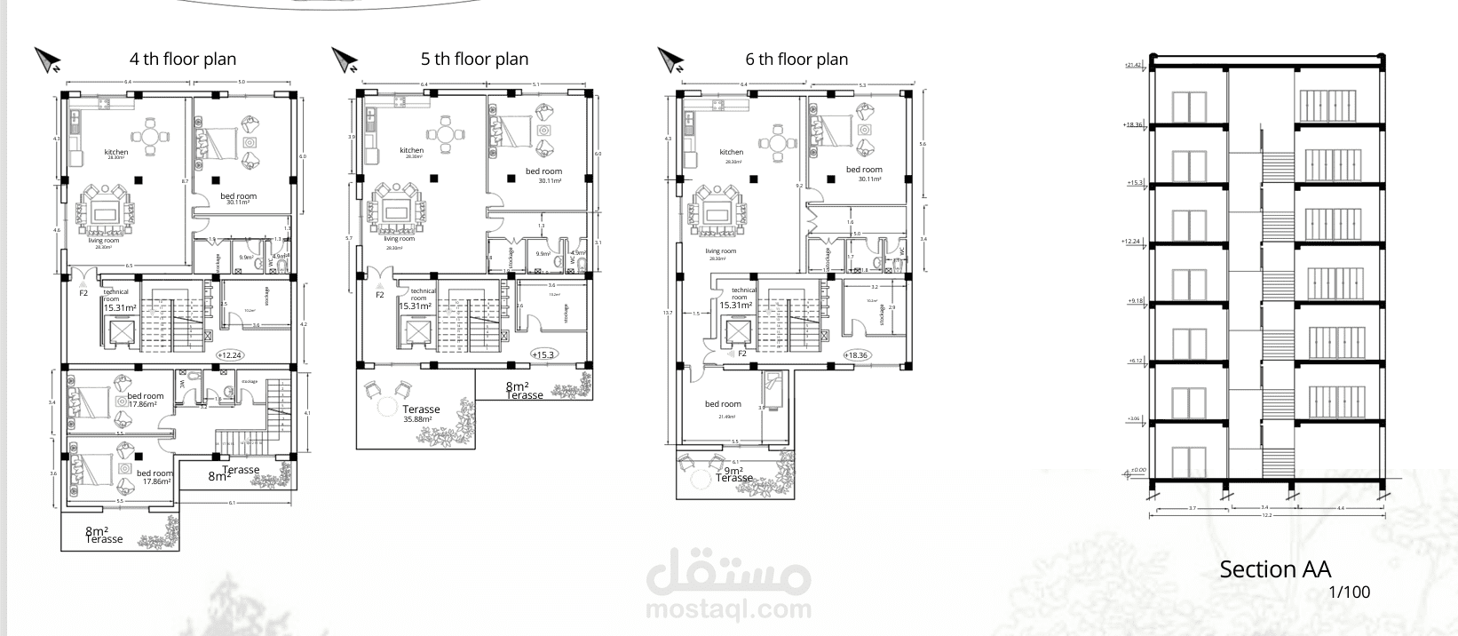 تصميم معماري متكامل للمباني (مخططات 2D + واجهات قطاعات ورندر 3D