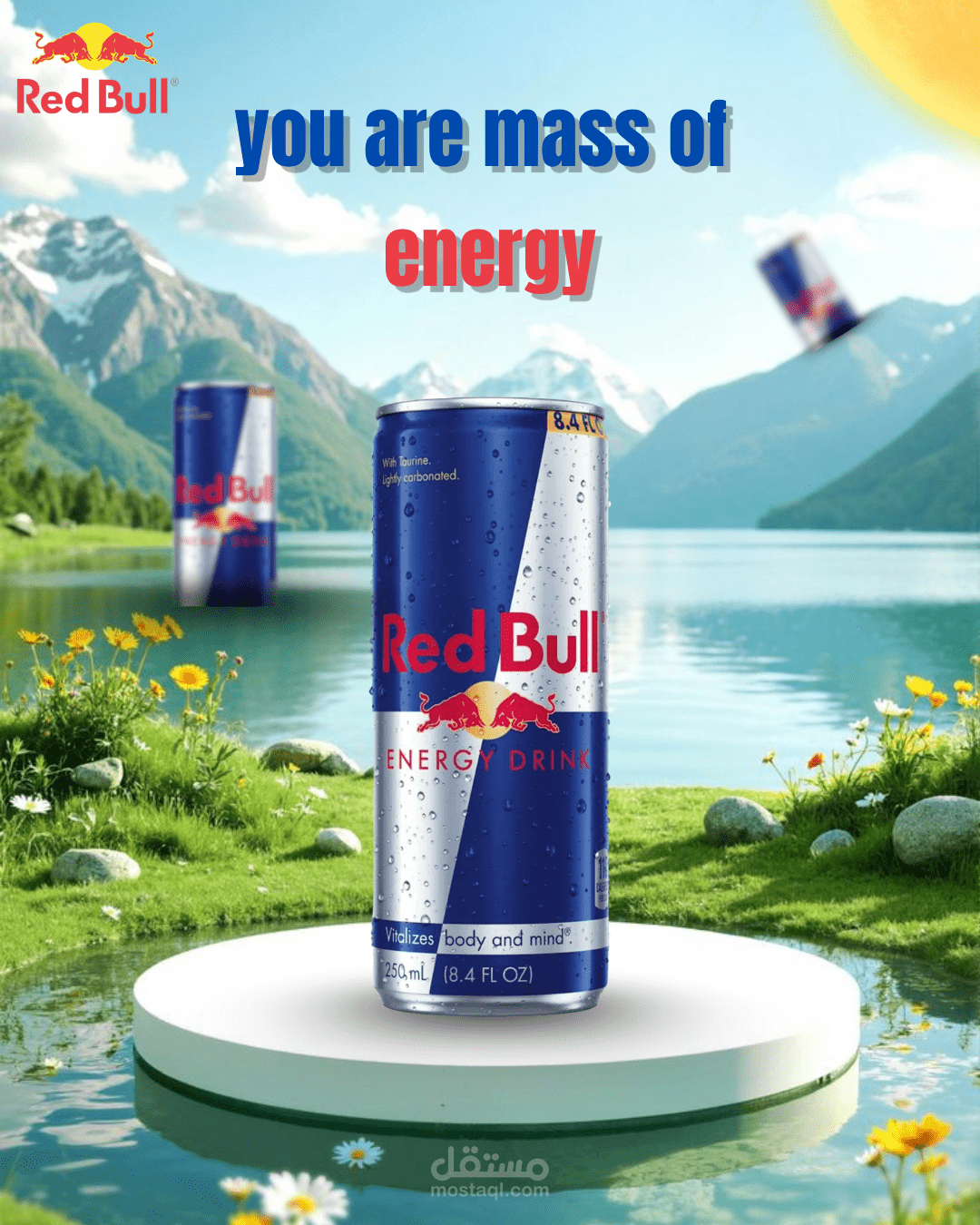 تصميم احترافي لمياه غازيه من نوع redbull