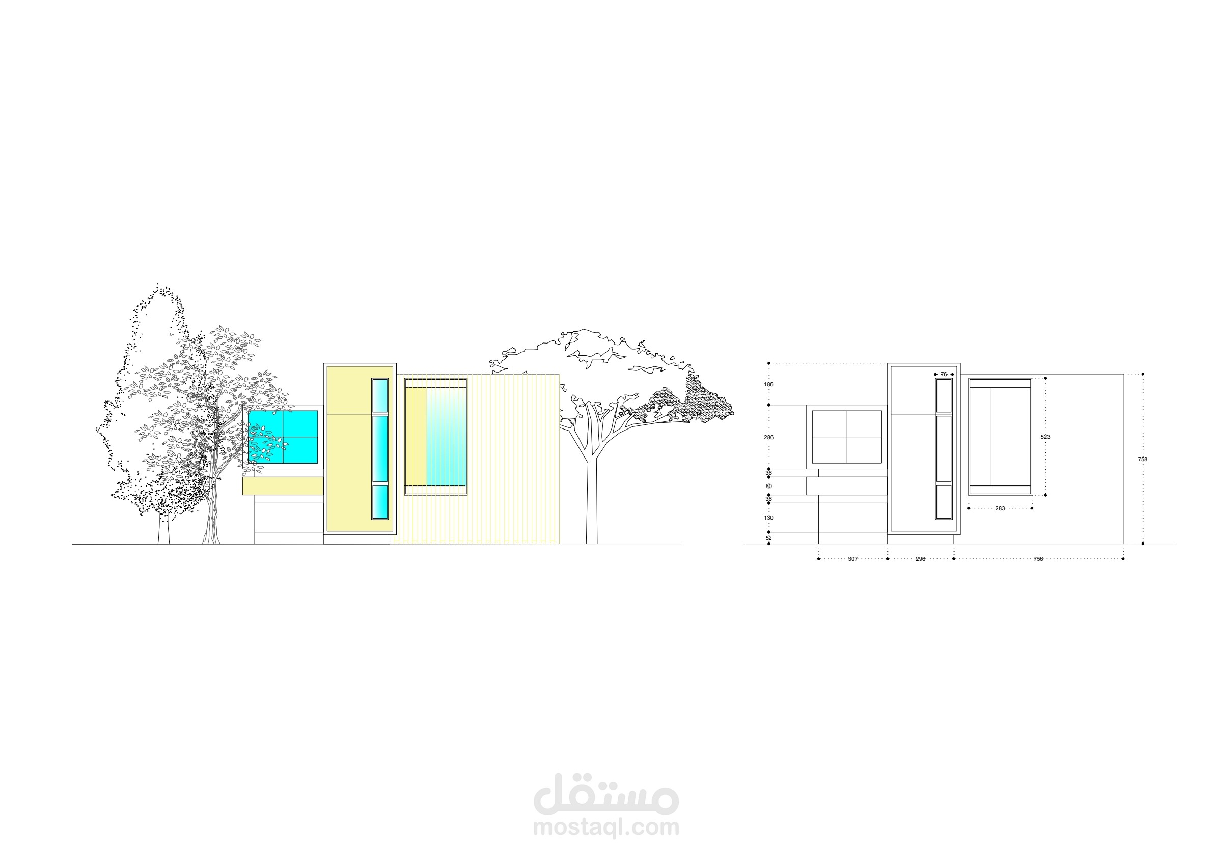 تصميم واجهة معمارية عصرية | مساقط رأسية وتفاصيل تنفيذية
