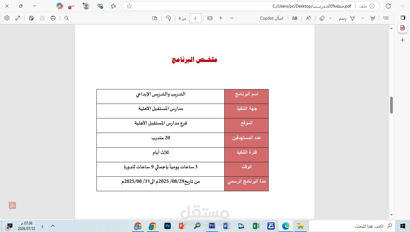 خطة تدريب لمدرسة المستقبل