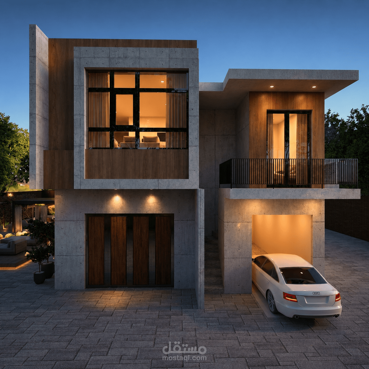 تصميم واجهة فيلا مودرن مع تنسيق متكامل للحديقة الخارجية (Landscape)