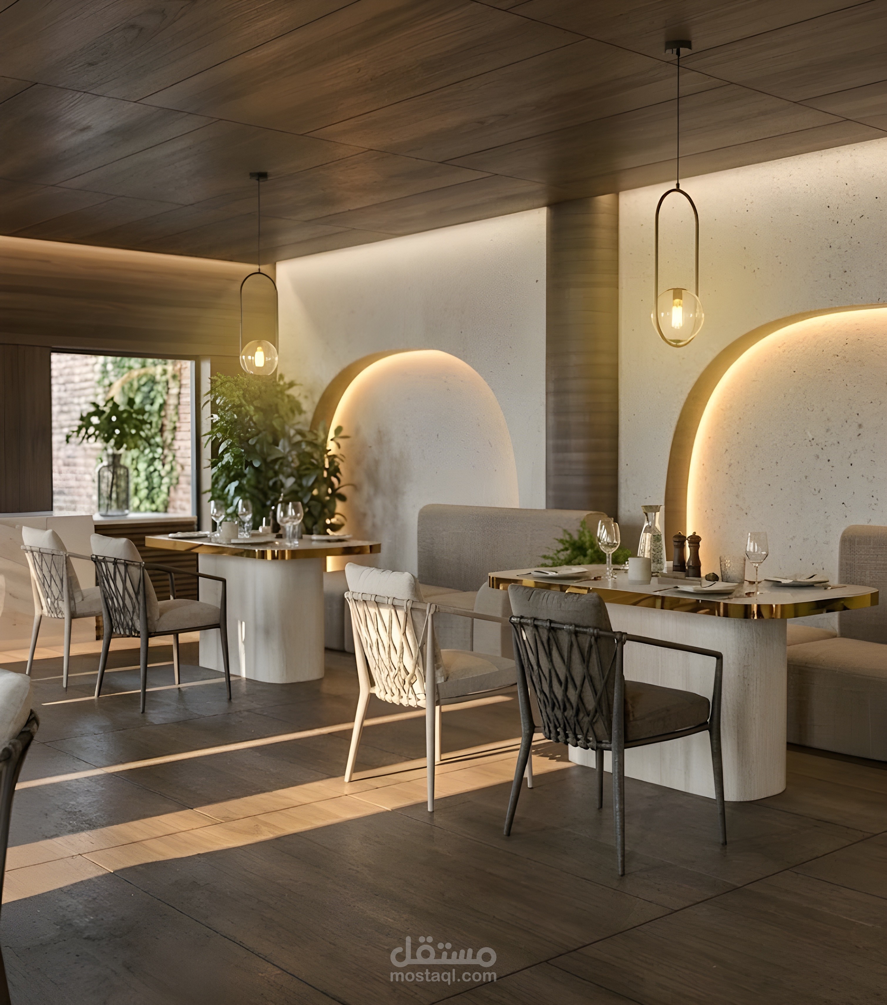 تصميم داخلي تجاري لـ كافيه ومطعم مودرن (Warm Minimalism)