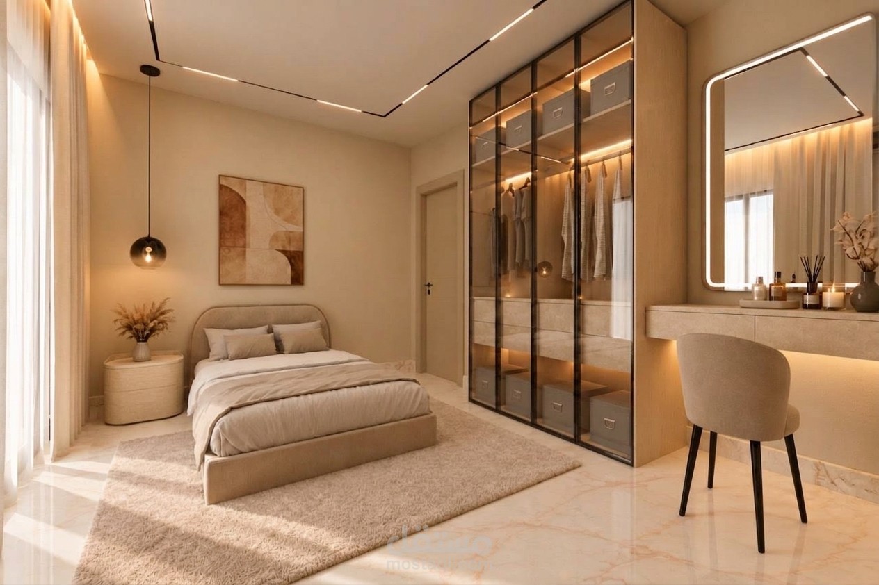 تصميم داخلي لغرفة نوم رئيسية بأسلوب مودرن دافئ | Modern Warm Bedroom