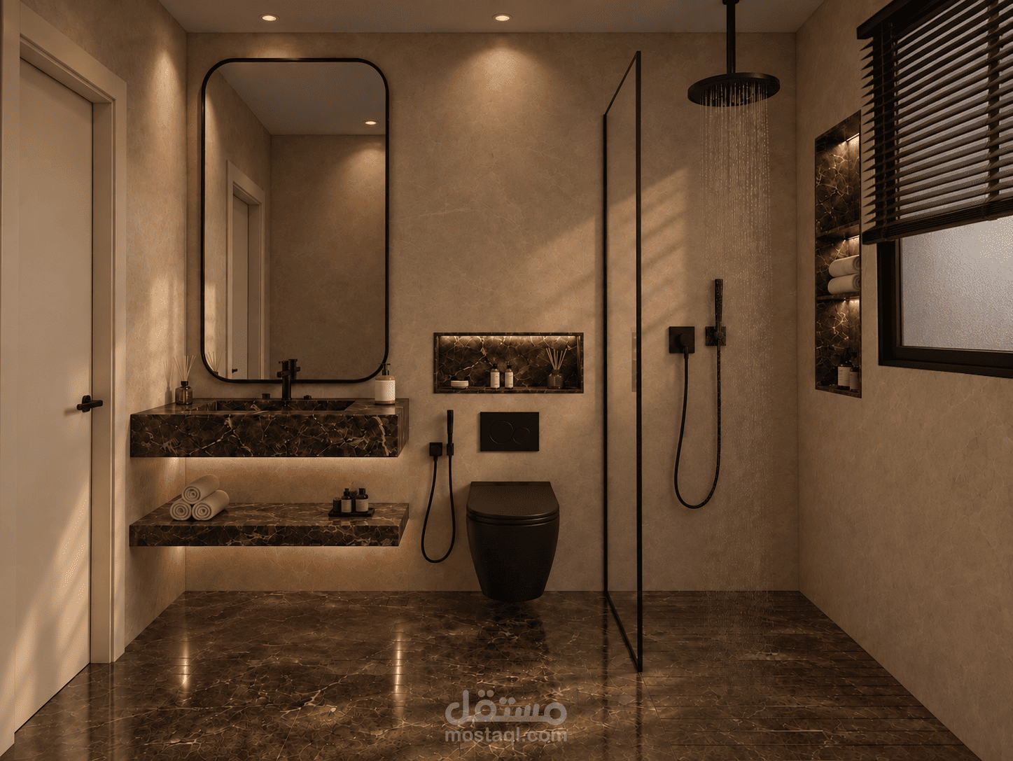 تصميم داخلي لحمام مودرن فاخر بخامات الرخام والأسود المطفي | Modern Luxury Bathroom