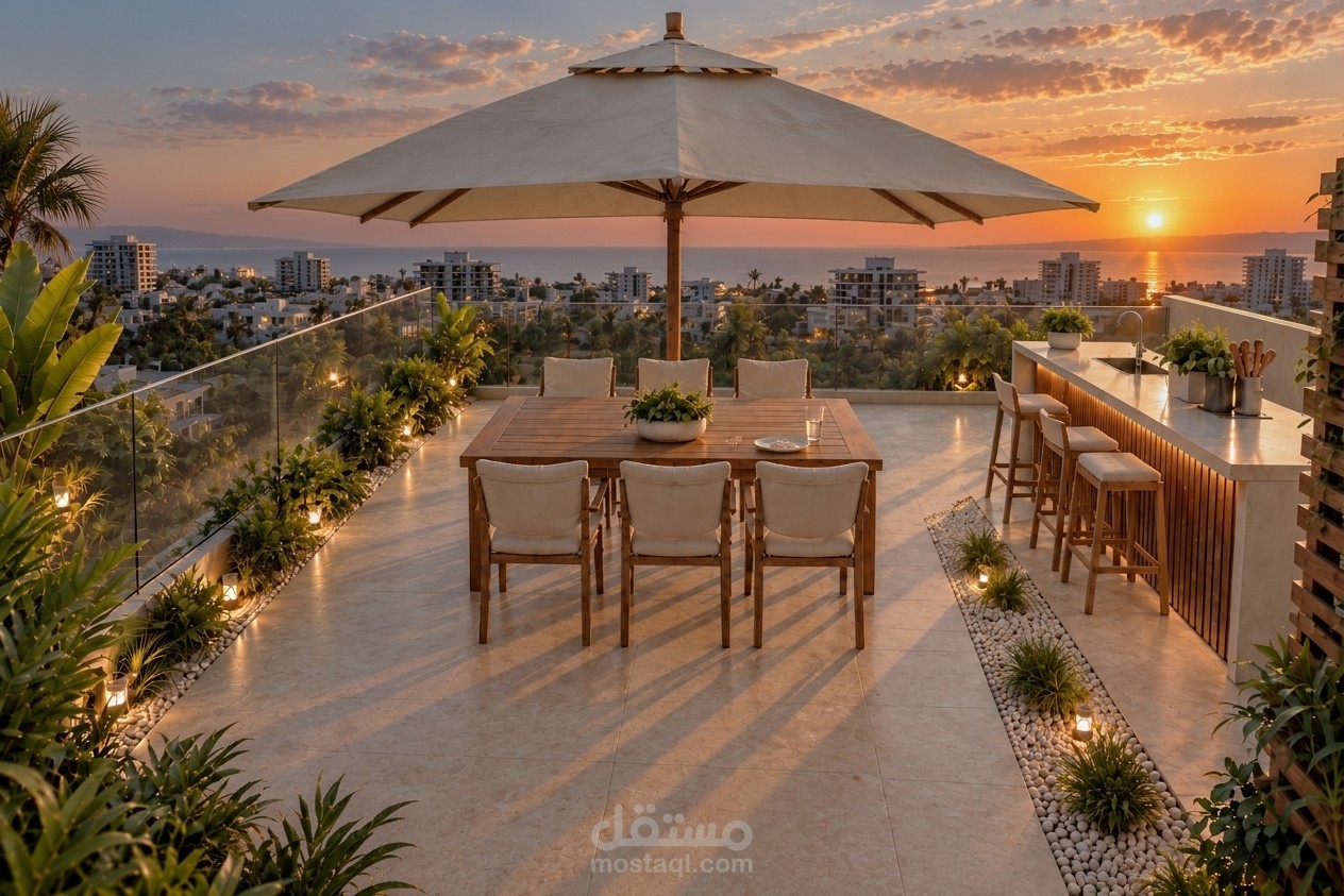 تصميم وتظهير معماري لـ Rooftop مودرن مع إضاءة غروب واقعية | 3D Visualization