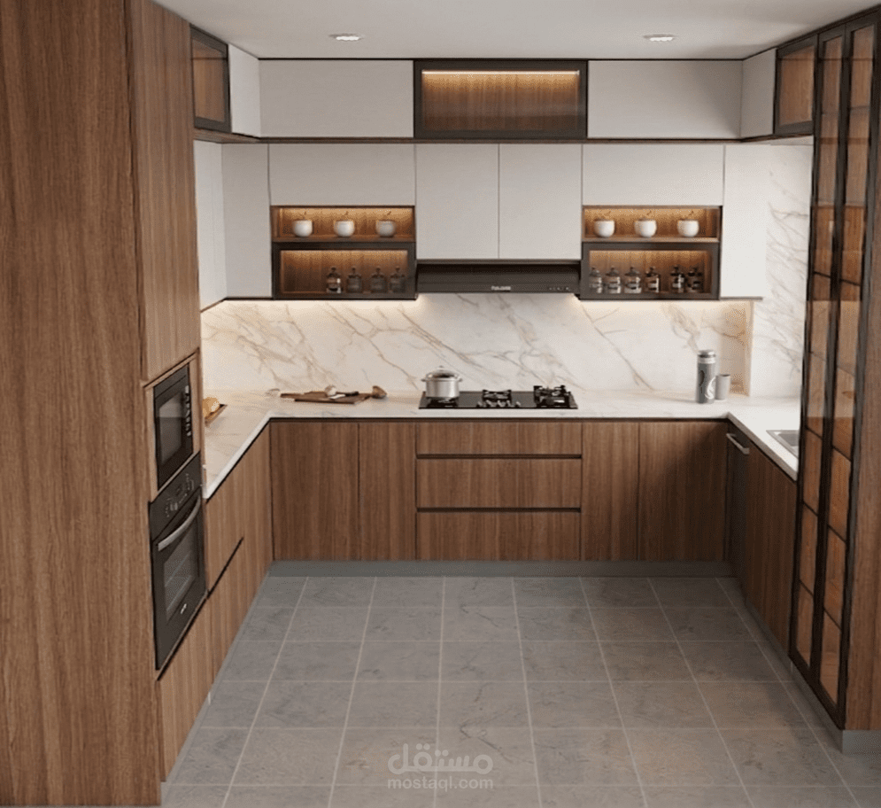تصميم مطبخ مودرن (U-Shape) | نمذجة وإخراج معماري ثلاثي الأبعاد