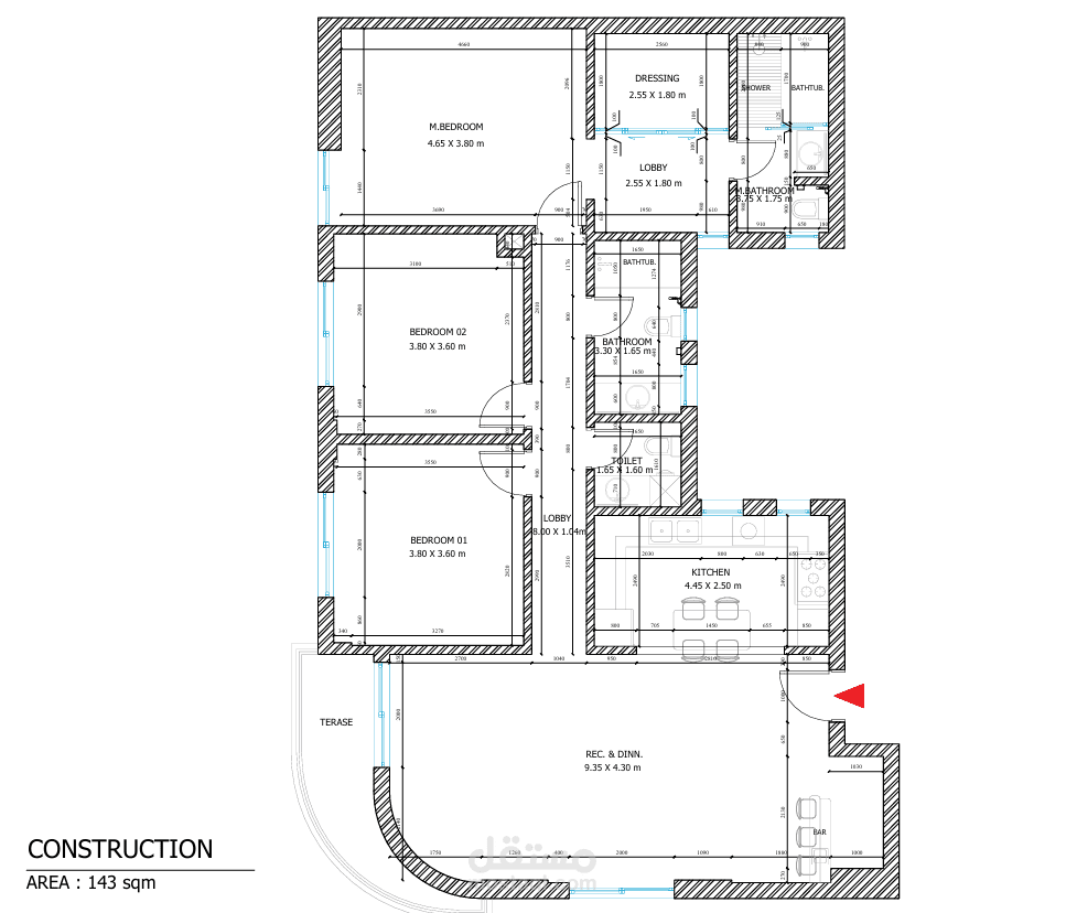مخطط معماري تنفيذي وتوزيع مساحات لشقة سكنية عصرية (مساحة 143 م²)