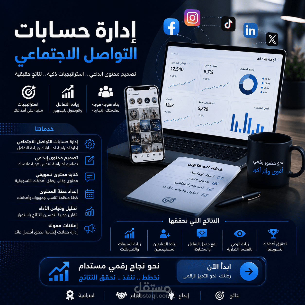 إدارة حسابات التواصل الاجتماعي | تصميم محتوى إبداعي وخطط تسويقية احترافية