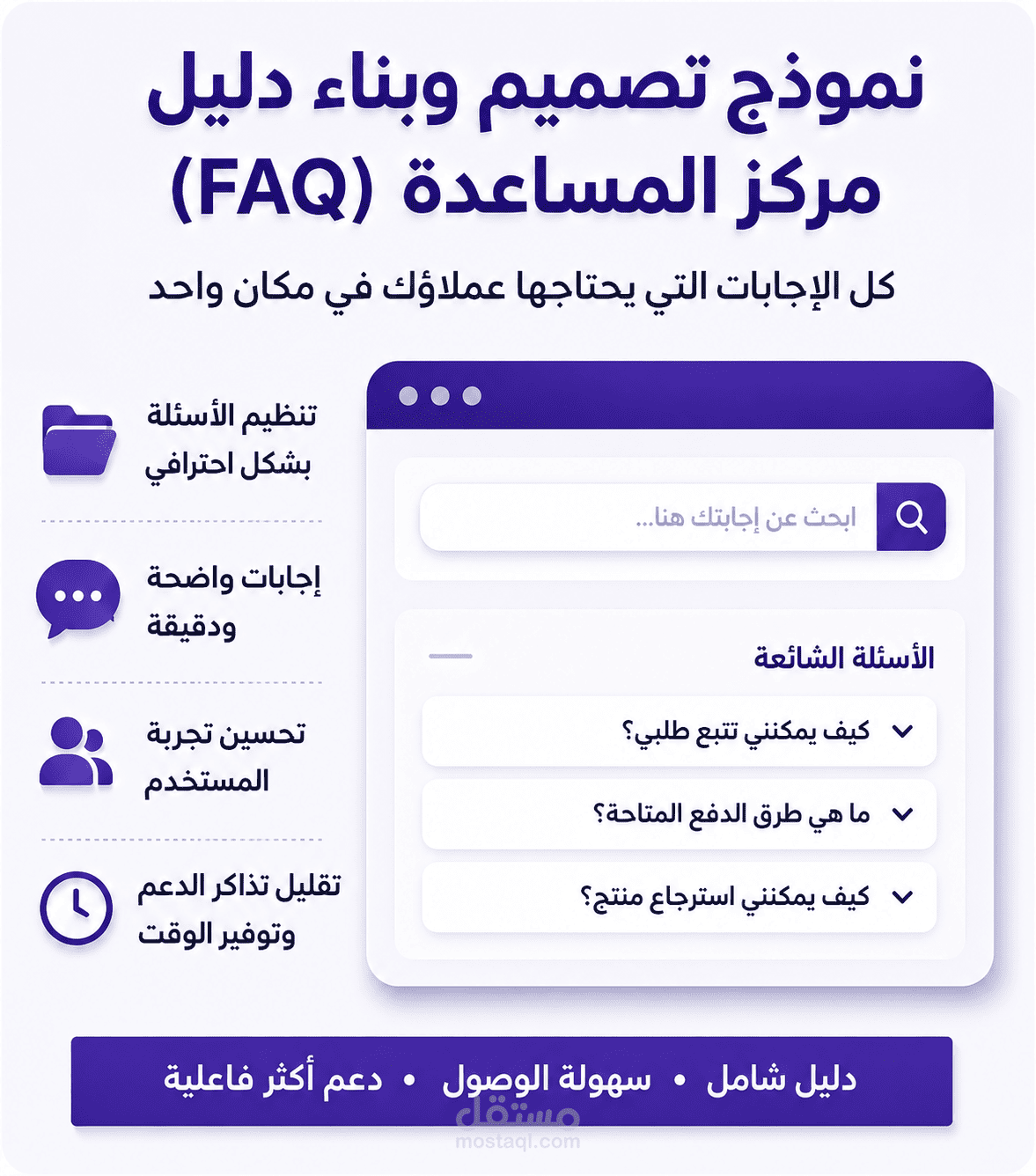 نموذج تصميم وبناء دليل مركز المساعدة (FAQ) لمتجر إلكتروني متكامل