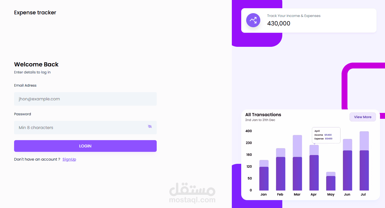 تطوير تطبيق ويب لإدارة وتتبع المصاريف والمداخيل المالية (Expense Tracker)