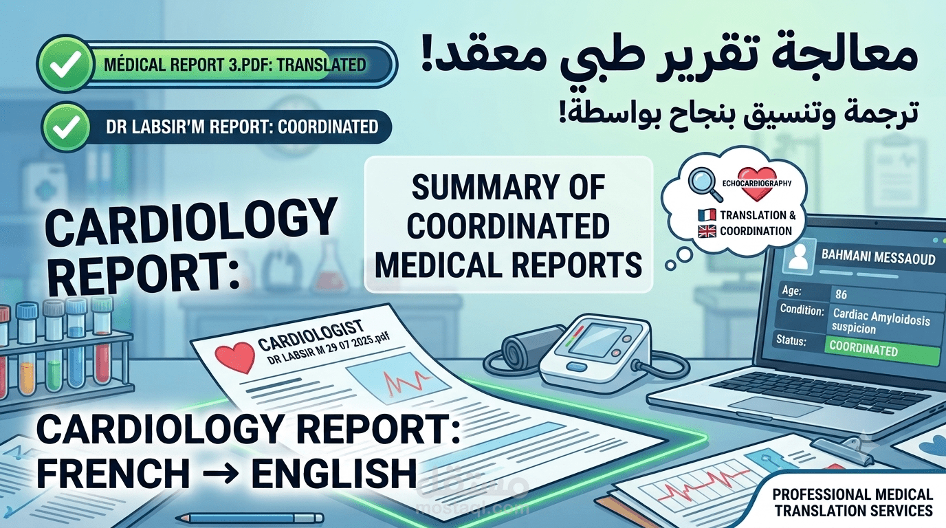 ترجمة وتنسيق تقارير طبية تخصصية (من الفرنسية إلى الإنجليزية)